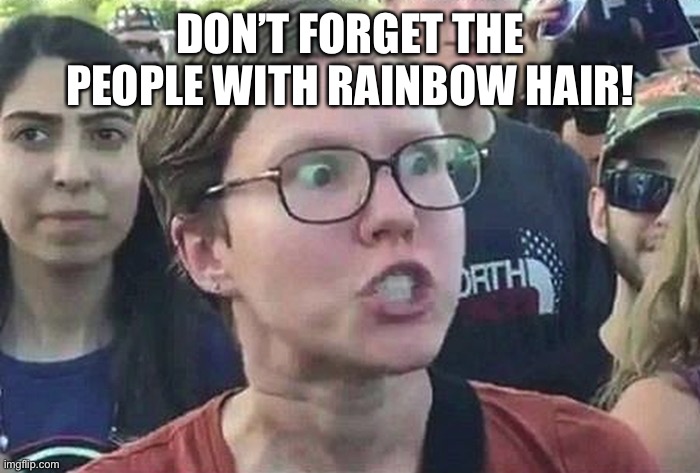 Triggered Liberal | DON’T FORGET THE PEOPLE WITH RAINBOW HAIR! | image tagged in triggered liberal | made w/ Imgflip meme maker