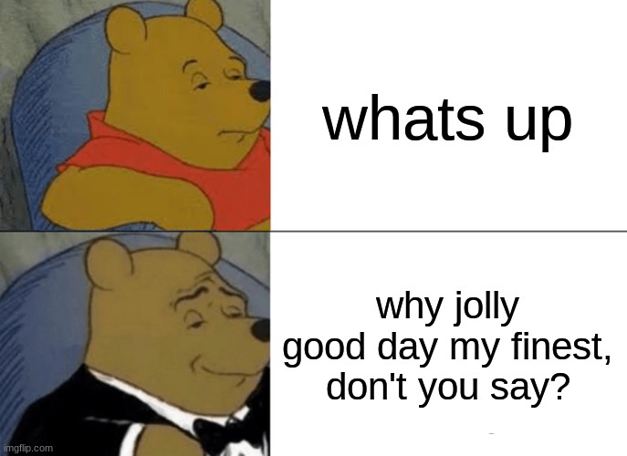 Tuxedo Winnie The Pooh | whats up; why jolly good day my finest, don't you say? | image tagged in memes,tuxedo winnie the pooh | made w/ Imgflip meme maker