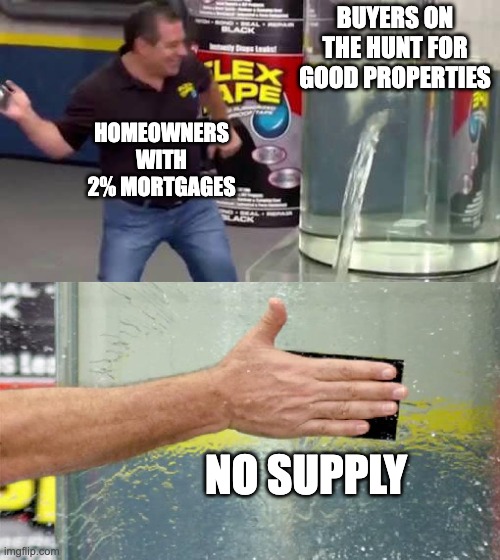 Flex Tape | BUYERS ON THE HUNT FOR GOOD PROPERTIES; HOMEOWNERS WITH 2% MORTGAGES; NO SUPPLY | image tagged in flex tape | made w/ Imgflip meme maker