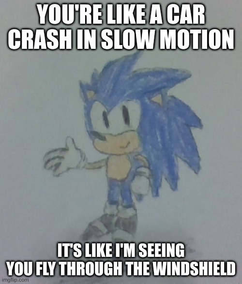 Mr Needlemouse | YOU'RE LIKE A CAR CRASH IN SLOW MOTION; IT'S LIKE I'M SEEING YOU FLY THROUGH THE WINDSHIELD | image tagged in sonic the hedgehog,drawing | made w/ Imgflip meme maker