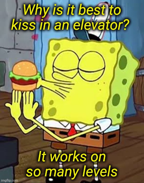 Multi Level Joke | Why is it best to kiss in an elevator? It works on so many levels | image tagged in elevator,spongebob,kissing | made w/ Imgflip meme maker