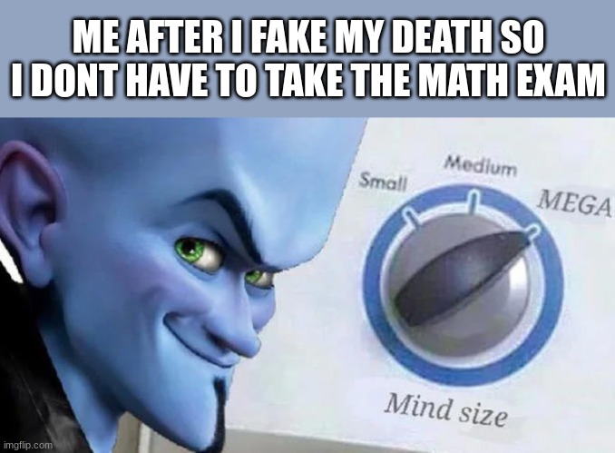 math m | ME AFTER I FAKE MY DEATH SO I DONT HAVE TO TAKE THE MATH EXAM | image tagged in mega mind size | made w/ Imgflip meme maker
