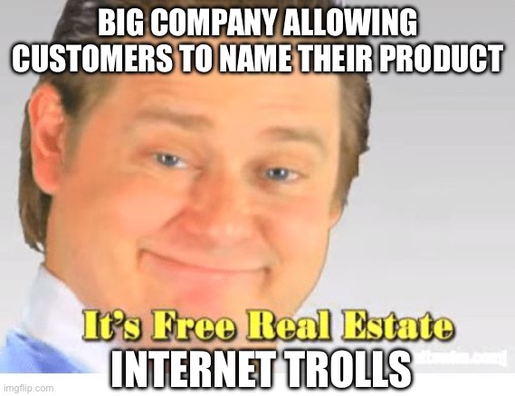 fax machines | BIG COMPANY ALLOWING CUSTOMERS TO NAME THEIR PRODUCT; INTERNET TROLLS | image tagged in it's free real estate | made w/ Imgflip meme maker