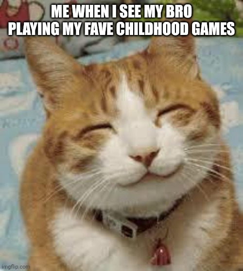 Happy cat | ME WHEN I SEE MY BRO PLAYING MY FAVE CHILDHOOD GAMES | image tagged in happy cat | made w/ Imgflip meme maker