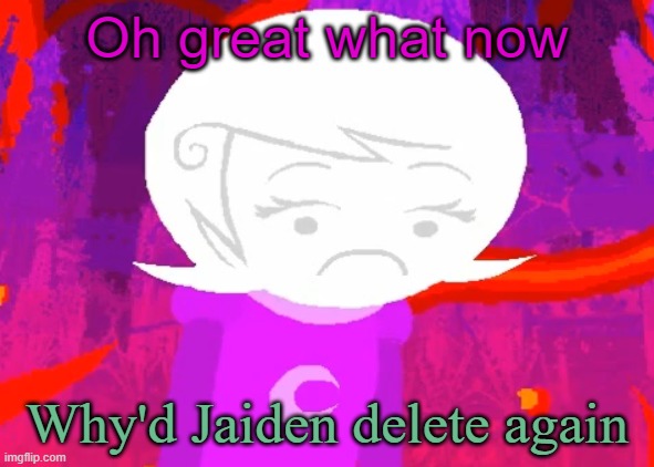 what happened | Oh great what now; Why'd Jaiden delete again | image tagged in roxy lalonde disappointed | made w/ Imgflip meme maker