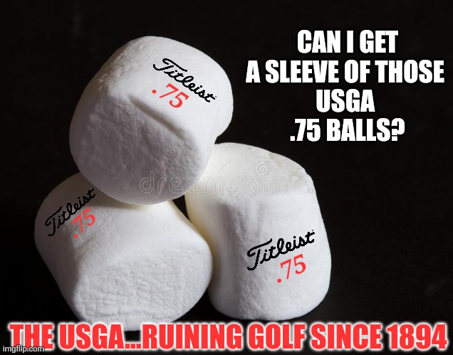 USGA Golf |  CAN I GET A SLEEVE OF THOSE 
USGA 
.75 BALLS? .75; .75; .75; THE USGA...RUINING GOLF SINCE 1894 | image tagged in golf,usga,golf ball,pga tour,long drive | made w/ Imgflip meme maker