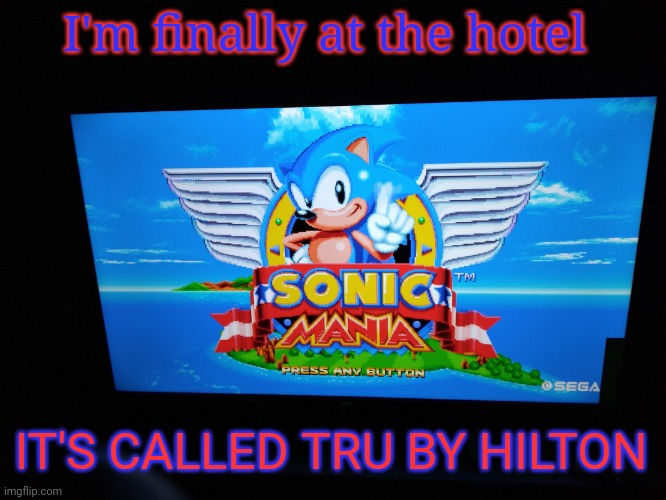 Sonic Mania Title Screen | I'm finally at the hotel; IT'S CALLED TRU BY HILTON | image tagged in sonic mania title screen | made w/ Imgflip meme maker