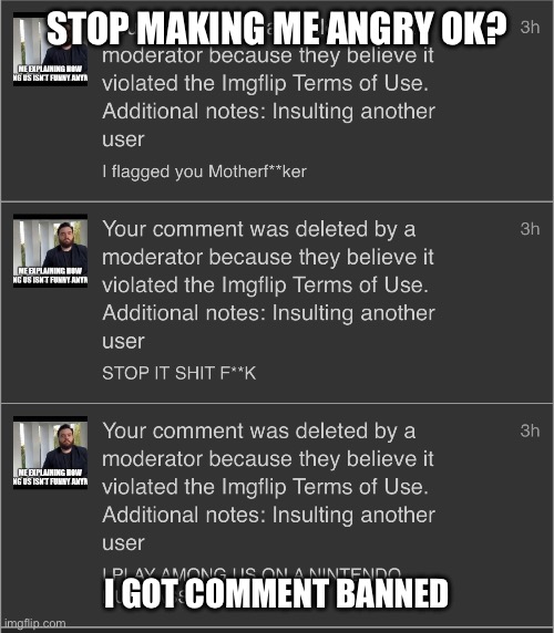STOP IT |  STOP MAKING ME ANGRY OK? I GOT COMMENT BANNED | image tagged in stop,stop it | made w/ Imgflip meme maker