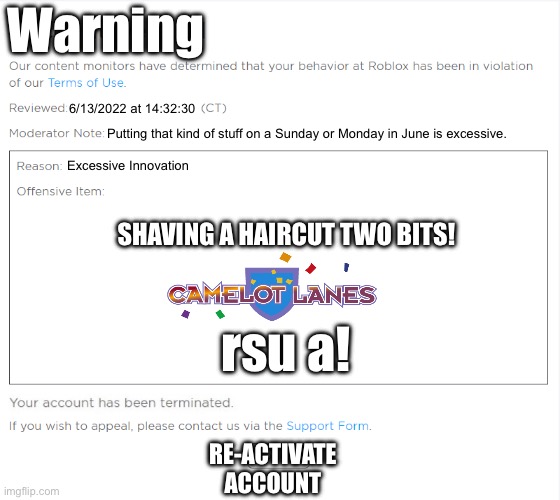 Roblox Warning Meme | Warning; 6/13/2022 at 14:32:30; Putting that kind of stuff on a Sunday or Monday in June is excessive. Excessive Innovation; SHAVING A HAIRCUT TWO BITS! rsu a! RE-ACTIVATE ACCOUNT | image tagged in banned from roblox 2021 edition,roblox,memes,funny,meme | made w/ Imgflip meme maker