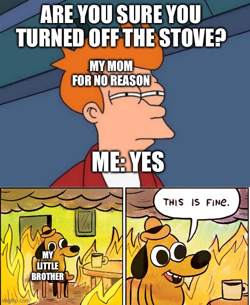 I’m always sure but not sure at the same time XD | ARE YOU SURE YOU TURNED OFF THE STOVE? MY MOM FOR NO REASON; ME: YES; MY LITTLE BROTHER | image tagged in memes,futurama fry | made w/ Imgflip meme maker