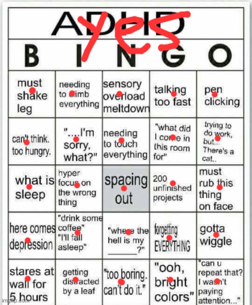 Yes | image tagged in adhd bingo | made w/ Imgflip meme maker