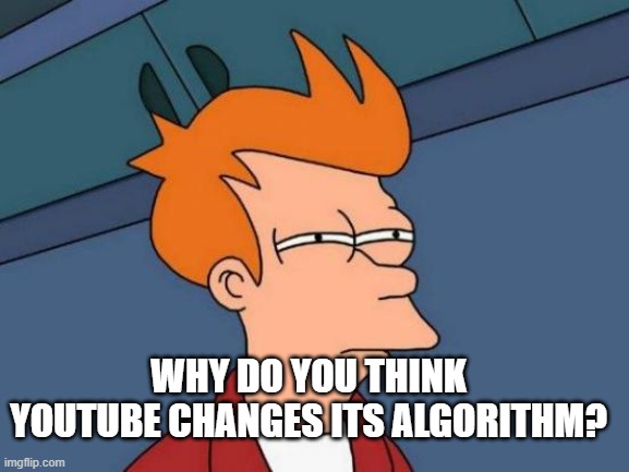 Futurama Fry Meme | WHY DO YOU THINK YOUTUBE CHANGES ITS ALGORITHM? | image tagged in memes,futurama fry | made w/ Imgflip meme maker