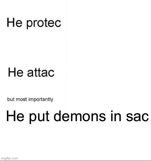 he protecc | He put demons in sac | image tagged in he protecc | made w/ Imgflip meme maker