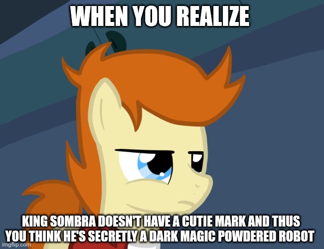 Sombra is a robot!!! | WHEN YOU REALIZE; KING SOMBRA DOESN'T HAVE A CUTIE MARK AND THUS YOU THINK HE'S SECRETLY A DARK MAGIC POWDERED ROBOT | image tagged in futurama fry pony | made w/ Imgflip meme maker