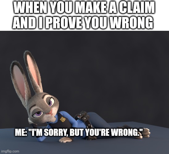 You're wrong | WHEN YOU MAKE A CLAIM AND I PROVE YOU WRONG; ME: "I'M SORRY, BUT YOU'RE WRONG." | image tagged in sexy judy hopps | made w/ Imgflip meme maker