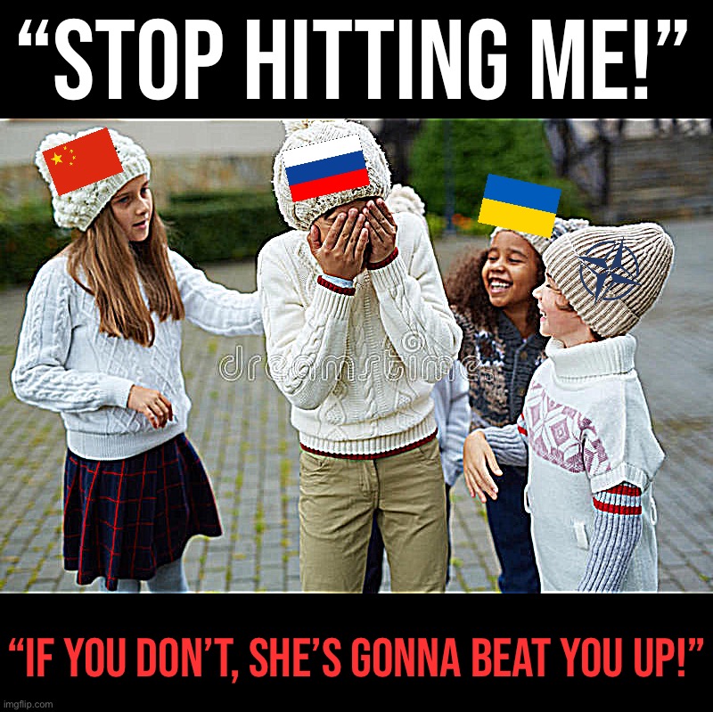 Russiastan stands up to bullies [2023, colorized] | “STOP HITTING ME!”; “IF YOU DON’T, SHE’S GONNA BEAT YOU UP!” | image tagged in schoolkids bullying | made w/ Imgflip meme maker