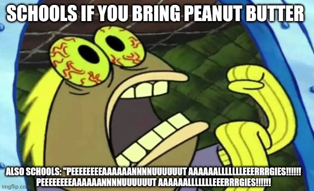 Peeeeeeeeaaaaaannnnuuuuuut Aaaaaallllllleeerrrgies!!!!!! | SCHOOLS IF YOU BRING PEANUT BUTTER; ALSO SCHOOLS: "PEEEEEEEEAAAAAANNNNUUUUUUT AAAAAALLLLLLLEEERRRGIES!!!!!! PEEEEEEEEAAAAAANNNNUUUUUUT AAAAAALLLLLLLEEERRRGIES!!!!!! | image tagged in spongebob chocolate | made w/ Imgflip meme maker