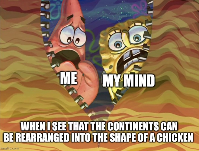 The seven continents can be rearranged into the shape of a chicken | MY MIND; ME; WHEN I SEE THAT THE CONTINENTS CAN BE REARRANGED INTO THE SHAPE OF A CHICKEN | image tagged in memes | made w/ Imgflip meme maker