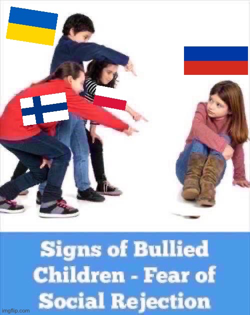 Russiastan gets bullied by big bad scary neighbors [2023, colorized] | image tagged in bullied schoolchildren,russia,russiastan,russophobia,russo-ukrainian war,cool kids | made w/ Imgflip meme maker