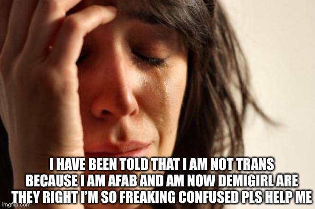 First World Problems | I HAVE BEEN TOLD THAT I AM NOT TRANS BECAUSE I AM AFAB AND AM NOW DEMIGIRL ARE THEY RIGHT I’M SO FREAKING CONFUSED PLS HELP ME | image tagged in memes,first world problems | made w/ Imgflip meme maker