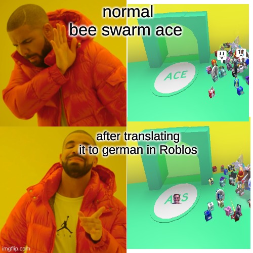 bee swarm simulator ace be like.. | normal bee swarm ace; after translating it to german in Roblos | image tagged in memes,drake hotline bling | made w/ Imgflip meme maker