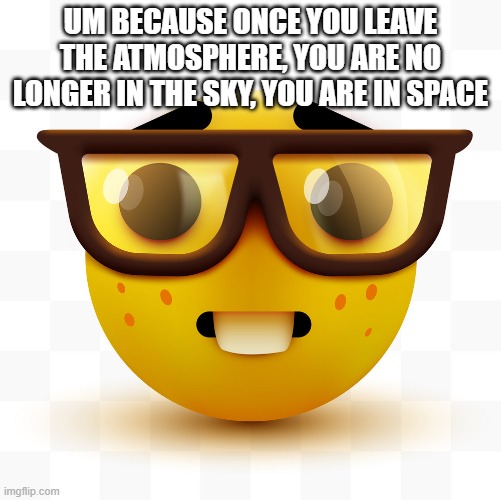 Nerd emoji | UM BECAUSE ONCE YOU LEAVE THE ATMOSPHERE, YOU ARE NO LONGER IN THE SKY, YOU ARE IN SPACE | image tagged in nerd emoji | made w/ Imgflip meme maker