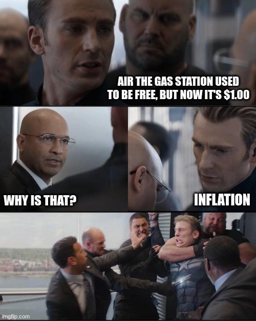 fighting about inflation | AIR THE GAS STATION USED TO BE FREE, BUT NOW IT'S $1.00; WHY IS THAT? INFLATION | image tagged in capitan america elevator fight | made w/ Imgflip meme maker