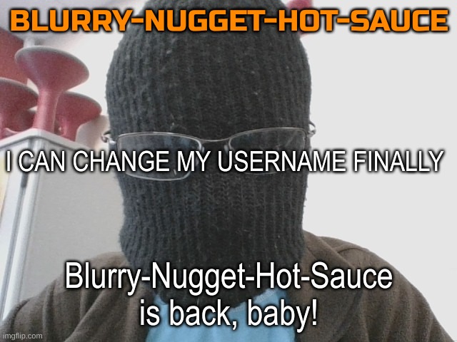 And also Goodbye chat fr this time | I CAN CHANGE MY USERNAME FINALLY; Blurry-Nugget-Hot-Sauce is back, baby! | image tagged in blurry-nugget-hot-sauce | made w/ Imgflip meme maker