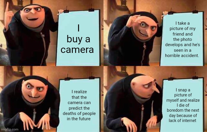 Apparently I die because there's no Internet tomorrow | I buy a camera; I take a picture of my friend and the photo develops and he's seen in a horrible accident. I realize that the camera can predict the deaths of people in the future; I snap a picture of myself and realize I die of boredom the next day because of lack of internet | image tagged in memes,gru's plan | made w/ Imgflip meme maker