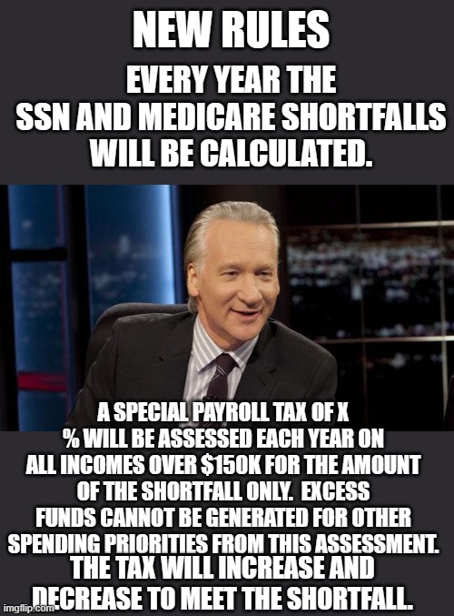 If you’re Truely serious | EVERY YEAR THE SSN AND MEDICARE SHORTFALLS WILL BE CALCULATED. NEW RULES; A SPECIAL PAYROLL TAX OF X % WILL BE ASSESSED EACH YEAR ON ALL INCOMES OVER $150K FOR THE AMOUNT OF THE SHORTFALL ONLY.  EXCESS FUNDS CANNOT BE GENERATED FOR OTHER SPENDING PRIORITIES FROM THIS ASSESSMENT. THE TAX WILL INCREASE AND DECREASE TO MEET THE SHORTFALL. | image tagged in new rules | made w/ Imgflip meme maker