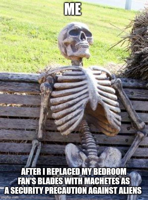 Don't do this. It'll only end badly | ME; AFTER I REPLACED MY BEDROOM FAN'S BLADES WITH MACHETES AS A SECURITY PRECAUTION AGAINST ALIENS | image tagged in memes,waiting skeleton | made w/ Imgflip meme maker