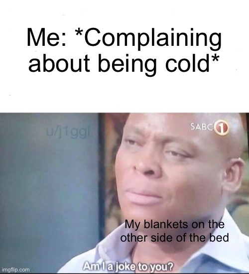 Yes | Me: *Complaining about being cold*; My blankets on the other side of the bed | image tagged in am i a joke to you | made w/ Imgflip meme maker