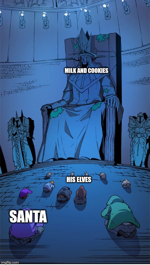 Santa is obsessed with cookies and milk | MILK AND COOKIES; HIS ELVES; SANTA | image tagged in worship the lord | made w/ Imgflip meme maker