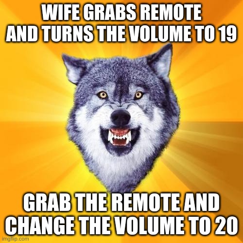 Smart move | WIFE GRABS REMOTE AND TURNS THE VOLUME TO 19; GRAB THE REMOTE AND CHANGE THE VOLUME TO 20 | image tagged in memes,courage wolf | made w/ Imgflip meme maker