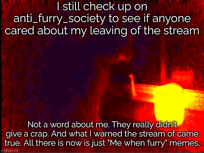 Not a single word about me. | I still check up on anti_furry_society to see if anyone cared about my leaving of the stream; Not a word about me. They really didn't give a crap. And what I warned the stream of came true. All there is now is just "Me when furry" memes. | image tagged in cat with candle | made w/ Imgflip meme maker