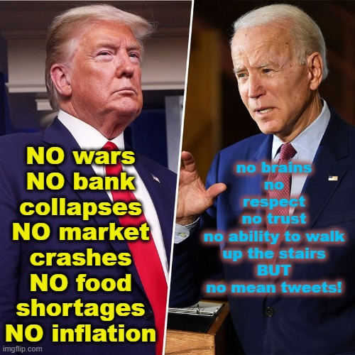 Bank collapses? BINGO! | no brains
no respect
no trust
no ability to walk up the stairs
BUT
no mean tweets! NO wars
NO bank collapses
NO market crashes
NO food shortages
NO inflation | image tagged in trump biden | made w/ Imgflip meme maker