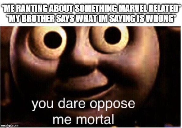 this happened the other day and i was REALLY close to strangling him | *ME RANTING ABOUT SOMETHING MARVEL RELATED*
*MY BROTHER SAYS WHAT IM SAYING IS WRONG* | image tagged in you dare oppose me mortal,marvel | made w/ Imgflip meme maker