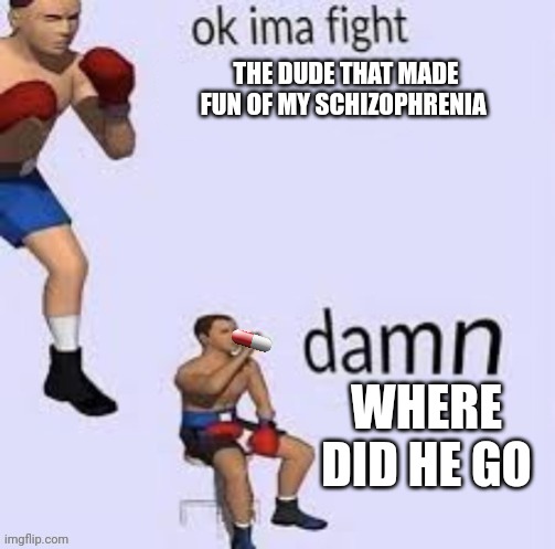 Original | THE DUDE THAT MADE FUN OF MY SCHIZOPHRENIA; WHERE DID HE GO | image tagged in ok ima fight | made w/ Imgflip meme maker