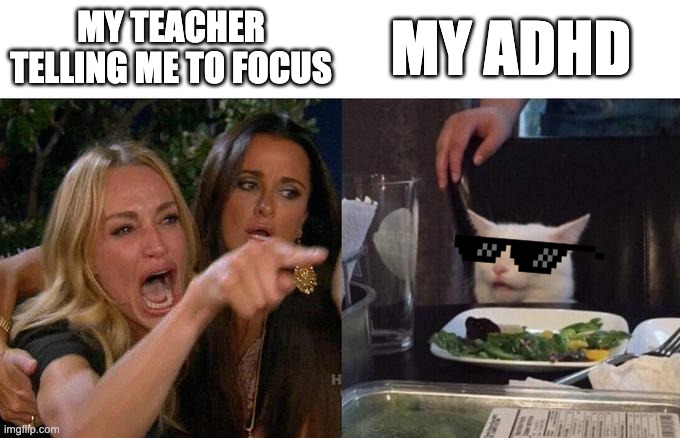 Woman Yelling At Cat Meme | MY TEACHER TELLING ME TO FOCUS; MY ADHD | image tagged in memes,woman yelling at cat,adhd,me,sad but true,relatable | made w/ Imgflip meme maker