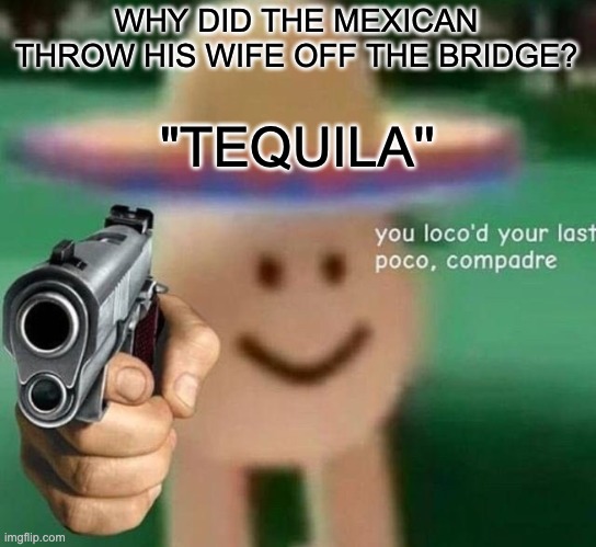 SAW THIS ON A BILBOARD IN OHIO (TRUE STORY) ? | WHY DID THE MEXICAN THROW HIS WIFE OFF THE BRIDGE? "TEQUILA'' | image tagged in you've loco d your last poco compadre,mexico,mexican | made w/ Imgflip meme maker