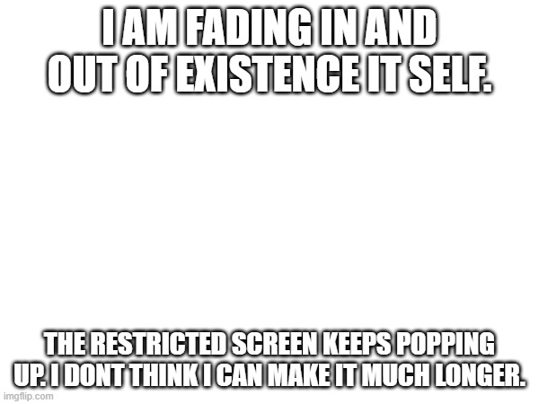 Good Bye My friends | I AM FADING IN AND OUT OF EXISTENCE IT SELF. THE RESTRICTED SCREEN KEEPS POPPING UP. I DONT THINK I CAN MAKE IT MUCH LONGER. | image tagged in sad | made w/ Imgflip meme maker