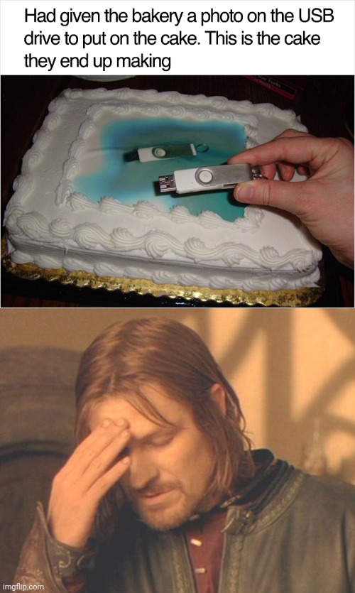 USB drive on cake | image tagged in memes,frustrated boromir,usb,usb drive,you had one job,cake | made w/ Imgflip meme maker