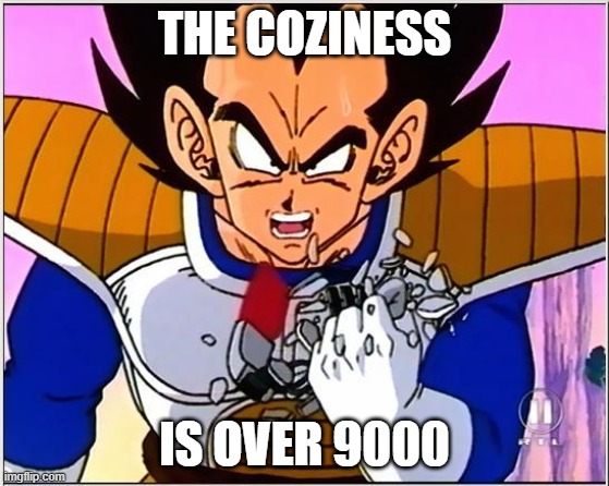 Vegeta over 9000 | THE COZINESS IS OVER 9000 | image tagged in vegeta over 9000 | made w/ Imgflip meme maker