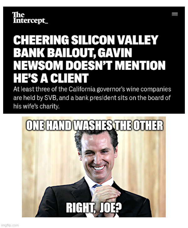 Gavin Newsom Gets Bailed Out! | image tagged in gavin newsom,joe biden,fdic,bailout,bosom buddies | made w/ Imgflip meme maker