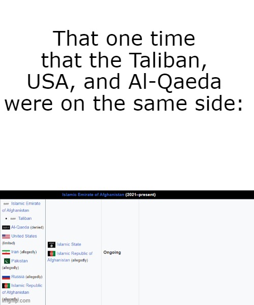  That one time that the Taliban, USA, and Al-Qaeda were on the same side: | image tagged in blank white template | made w/ Imgflip meme maker