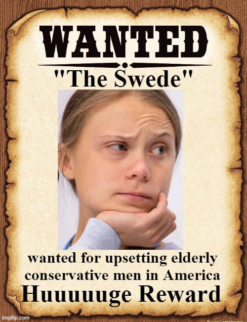 Greta Thunberg Huuuuge Reward - upsetting elderly conservative men | "The Swede"; Huuuuuge Reward; wanted for upsetting elderly conservative men in America | image tagged in wanted poster blank template jpp,republican,trump,right wing,conservative,america | made w/ Imgflip meme maker