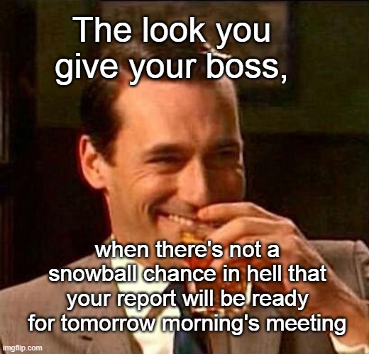 The Look You Give Your Boss | The look you give your boss, when there's not a snowball chance in hell that your report will be ready for tomorrow morning's meeting | image tagged in man with drink laughing,boss humor,office humor,sales,meme,man with drink | made w/ Imgflip meme maker