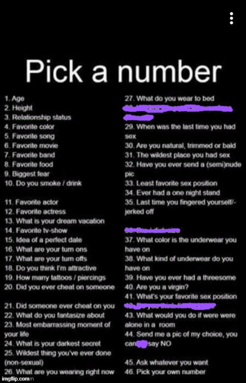pick a number from each category :D | image tagged in pick a number | made w/ Imgflip meme maker