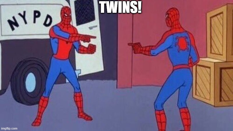spiderman pointing at spiderman | TWINS! | image tagged in spiderman pointing at spiderman | made w/ Imgflip meme maker