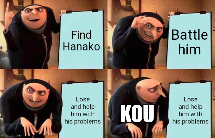 Kou's plan down the drain | Find Hanako; Battle him; Lose and help him with his problems; Lose and help him with his problems; KOU | image tagged in memes,gru's plan,tbhk,anime | made w/ Imgflip meme maker